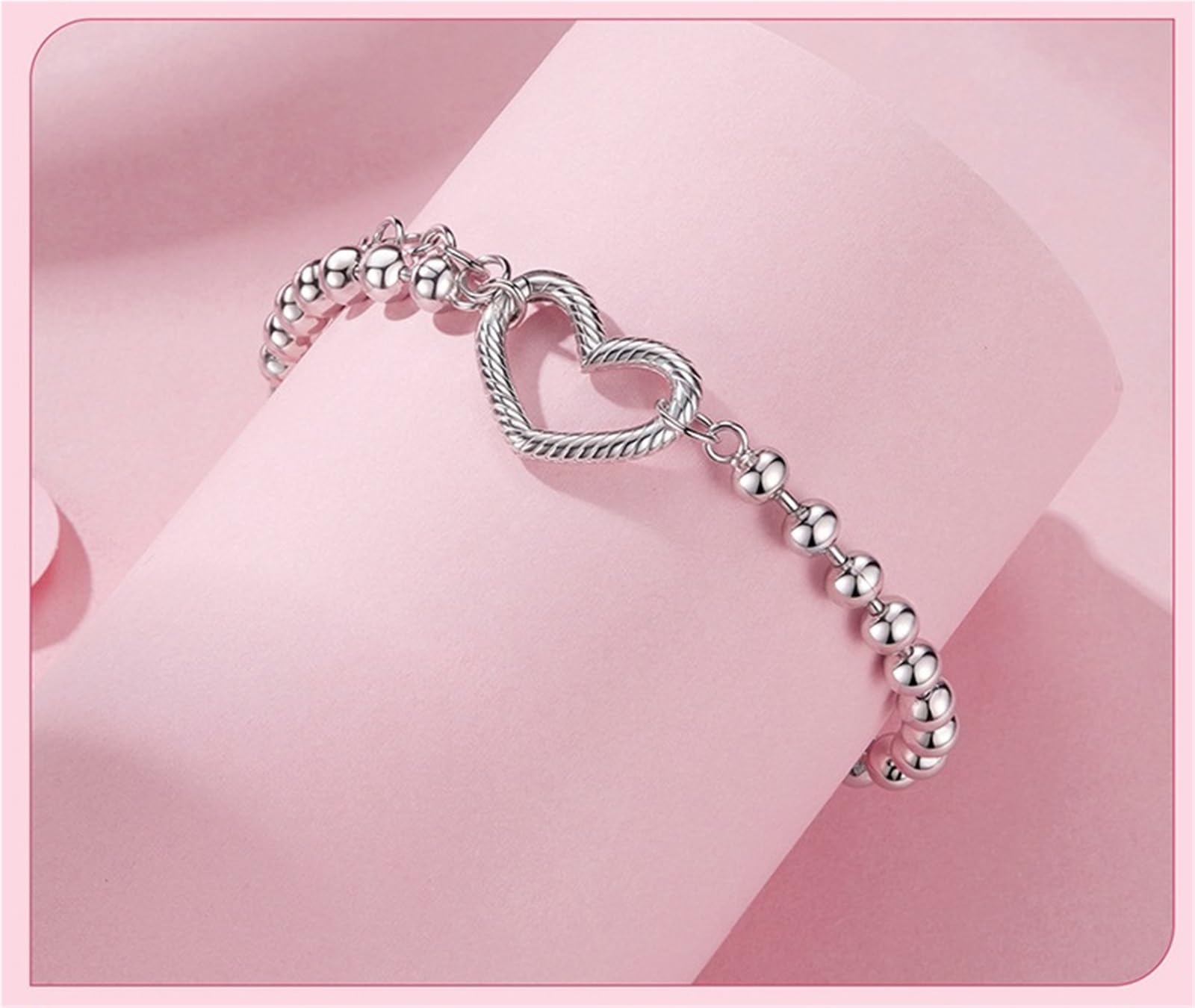 S925 Srebrna Bransoletka z Koralików z Zapięciem w Kształcie Serca - Regulowana 16+5cm DIY Biżuteria Kompatybilna z Koralikami, Prezent dla Kobiet