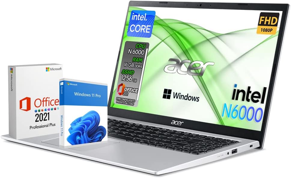 Acer Notebook | Pc portatile intel core N6000 | Ram 16 GB ddr4 | SSHD 1256 GB | Silver | Display 15.6 FHD | BT | WiFi | Windows 11 Pro | Pacchetto Office Pro | Computer portatile Pronto alluso