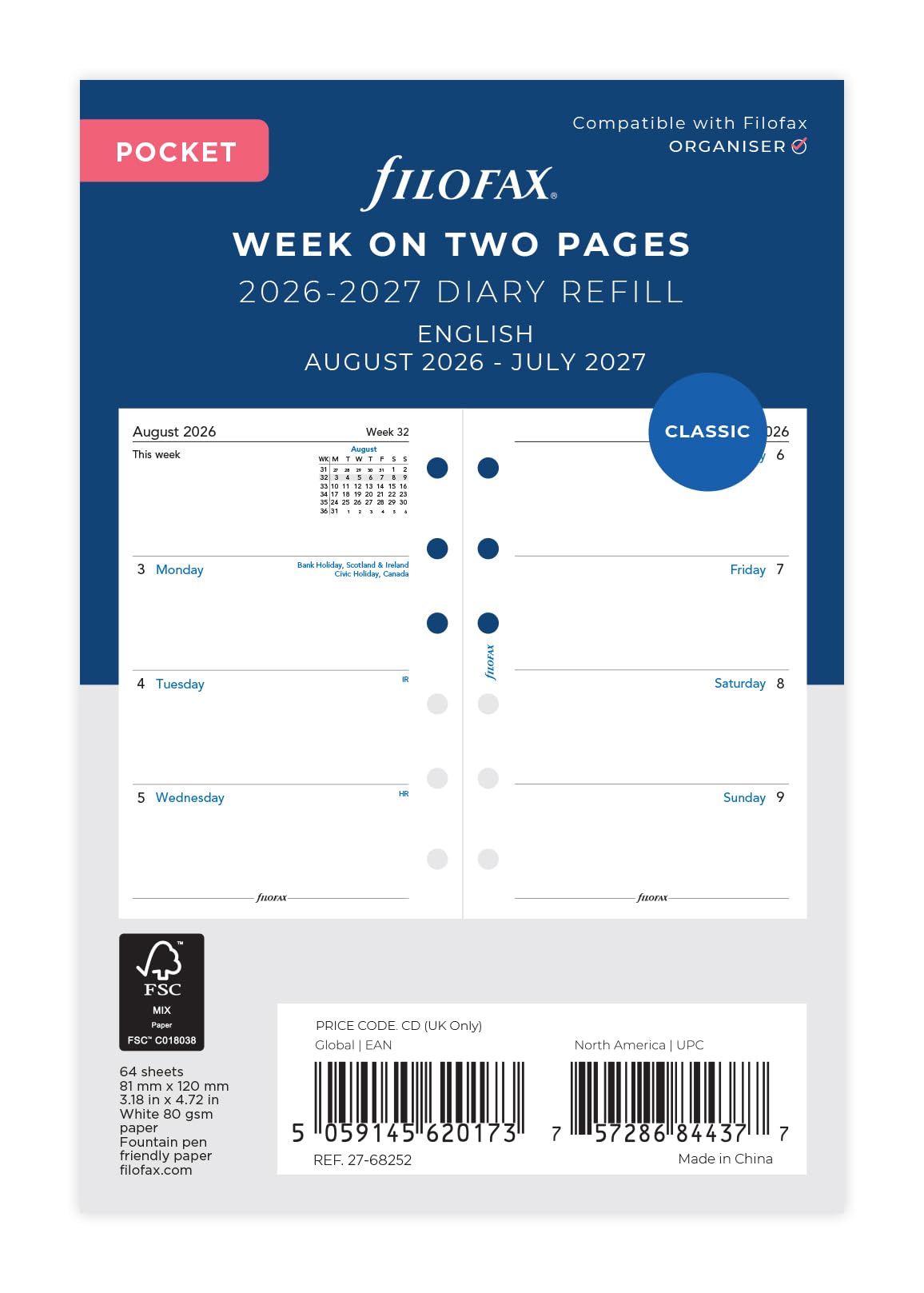 Filofax Pocket week on two pages mid year August 26 - July 27 diary refill 27-68252
