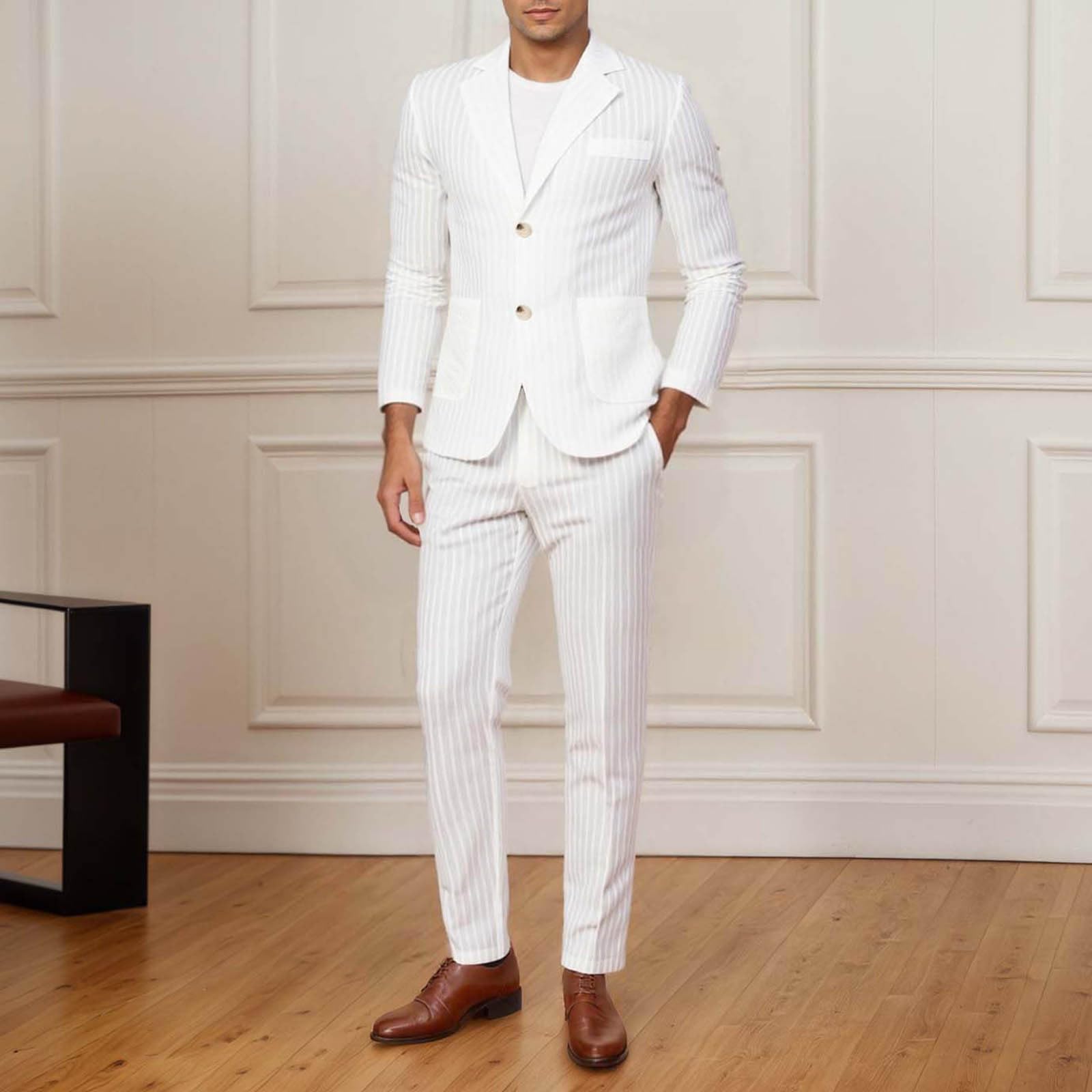 Completo da uomo, 2 pezzi, vestibilità normale, leggero, blazer e pantaloni, abito da uomo, classico, morbido, alla moda, estivo, spiaggia, matrimonio, smoking, ballo di fine anno, in lino