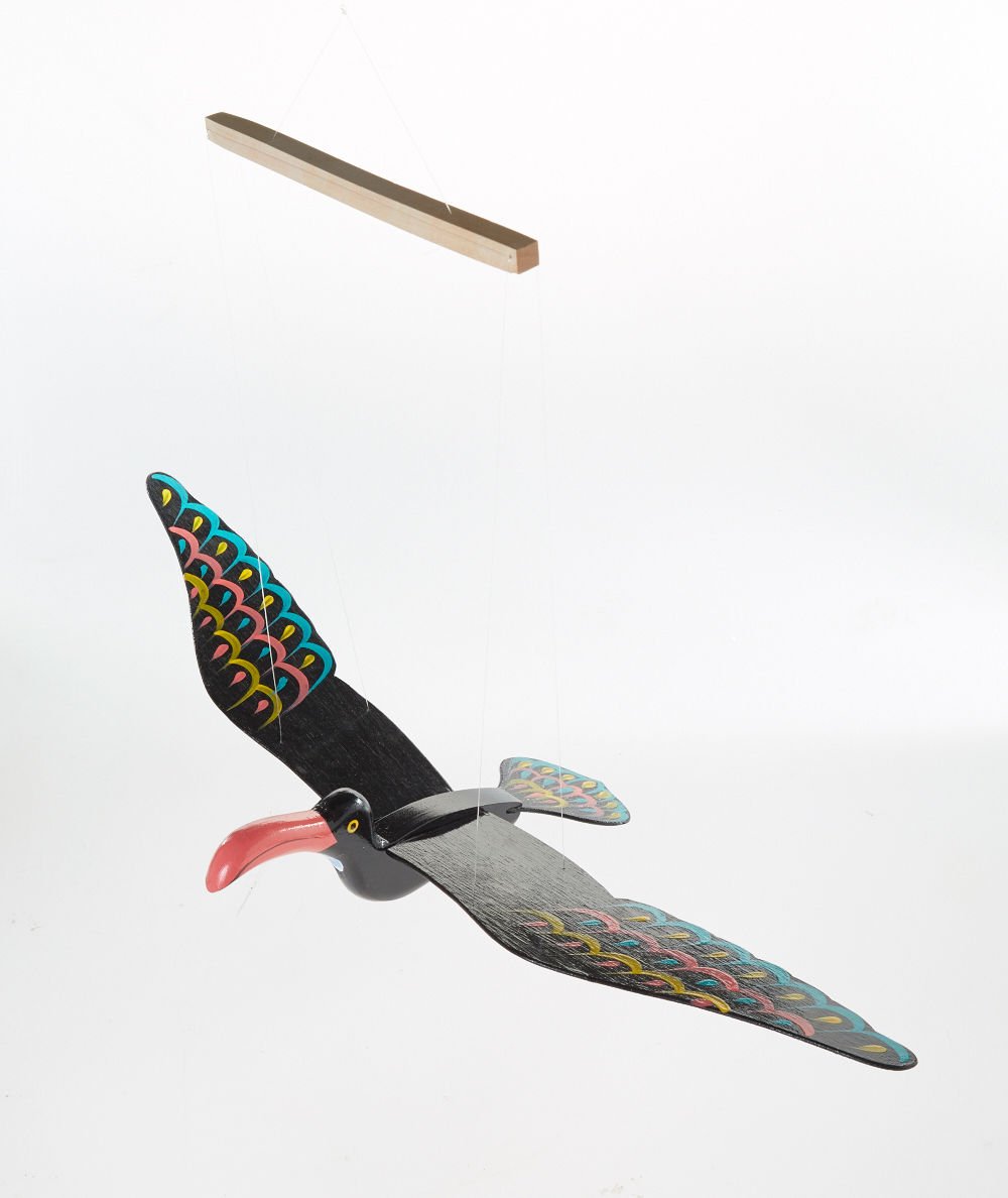 WitnyStore Wooden Bird Mobile 24" Black Long Red Beak Hand Made Painted Wood Flapping Wing Birds Hanging Ceiling Decor Wind Chimes Handcrafted Art