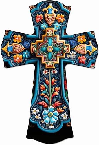CALUOHO Crucifijo de flores pintadas a mano, cruz de pared para decoración del hogar, cruz de madera inspiradora, crucifijo mexicano para el hogar,