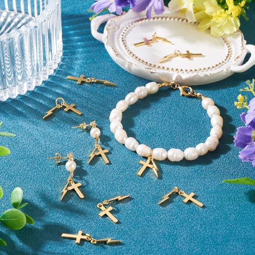 Image of 10Pcs 18K Gold Plated Cross Charms Brass Golden Crucifix with Lightning Bolt Pendants Permant Metal Jewelry Charms with Jump Ring for DIY Bracelet Necklace Earring Jewelry Making