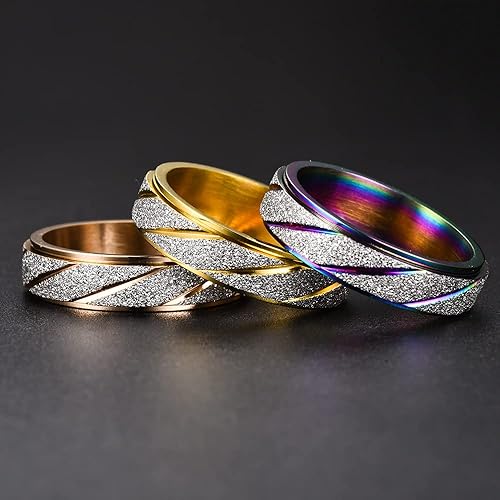 Miniatura 5 de COLORFUL BLING 3 anillos giratorios para la ansiedad para mujer, de acero inoxidable de 0.236 pulgadas, con acabado de arena, con purpurina, anillos