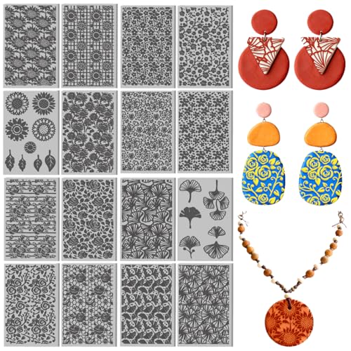 Image of 16 Pcs Floral Leaves Pattern Polymer Texture Clay Sheet Vintage Patterns Rubber Texture Mat for Polymer Clay Making Earrings Jewelry DIY Crafts 4 x 2.5 Inch