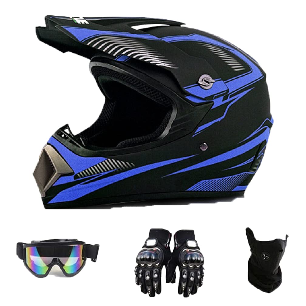 RLOZUI Motocross Helmet, Unisex Youth Full Face Protective Helmet for Motorcycle Dirt Bike ATV, DOT Certified 4 Pcs Set (Gloves Goggles Face Shield)