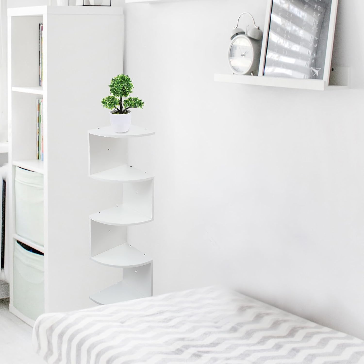 ARTIBETTER Modern Style Wooden 5-Tier Wall-Mounted Corner Shelf White Storage Rack Home Decor Floating Bookshelf for Living Room Bedroom