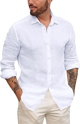 Camisas de manga larga con botones para hombre, de lino, para playa, casuales, de algodón, ligeras, para verano, 1 blanco