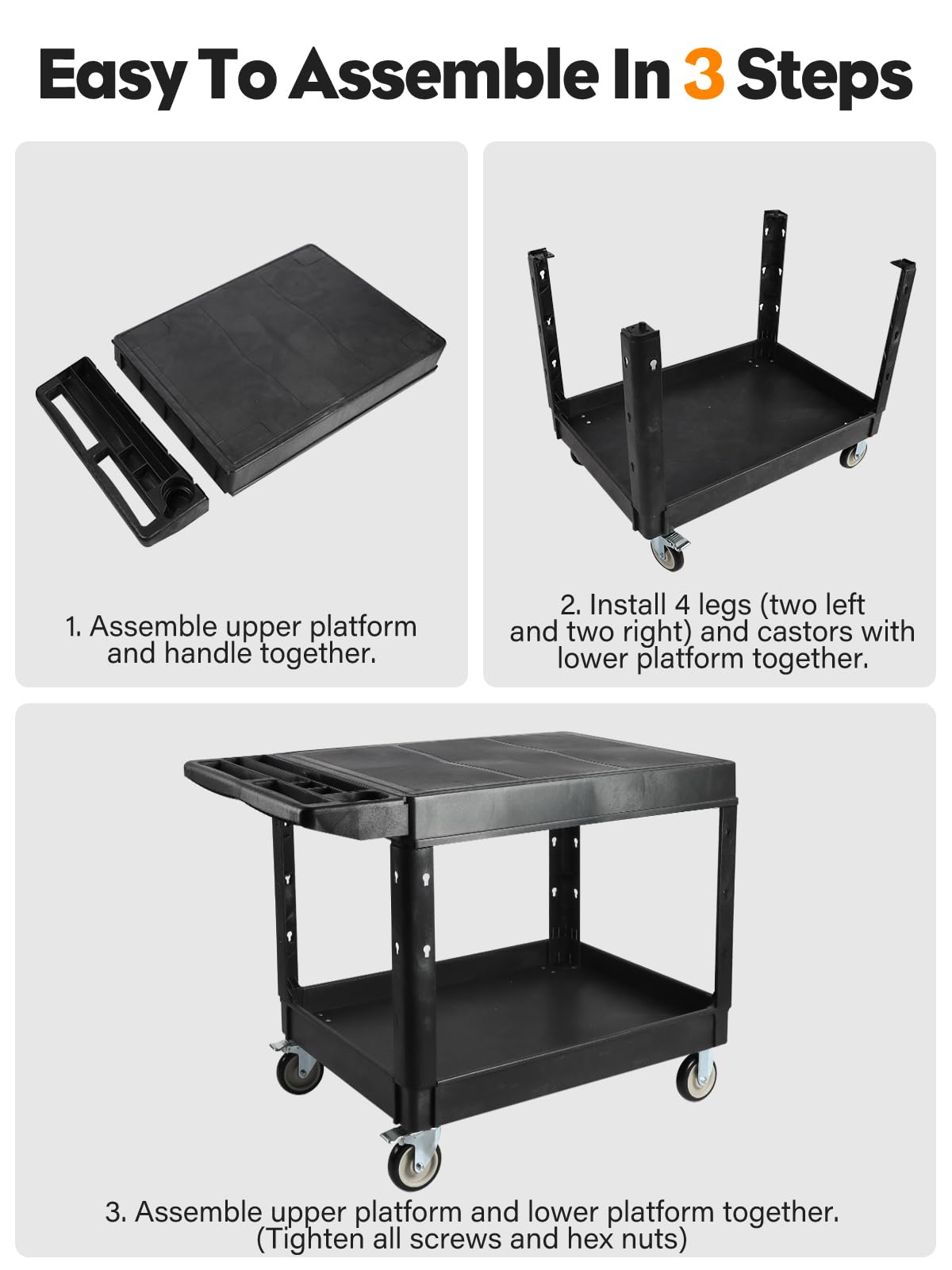 Kalolary 600 Livres 2 Niveaux Chariot Utilitaire Robuste sur roulettes | Capacité Supplémentaire Grand Chariot Service Polyvalent Avec Poignée Organisateur Rangement Chariot Outils Mobile Entrepôt