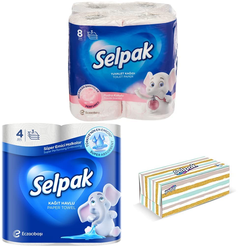 Selpak Imported Perfumed Powder 3Ply Toilet Tissue Paper - 8 Rolls & Kitchen Towel Paper - 3Ply (4 Rolls/Pack) & Facial Tissue Box Maxi -3 ply - 100 sheets