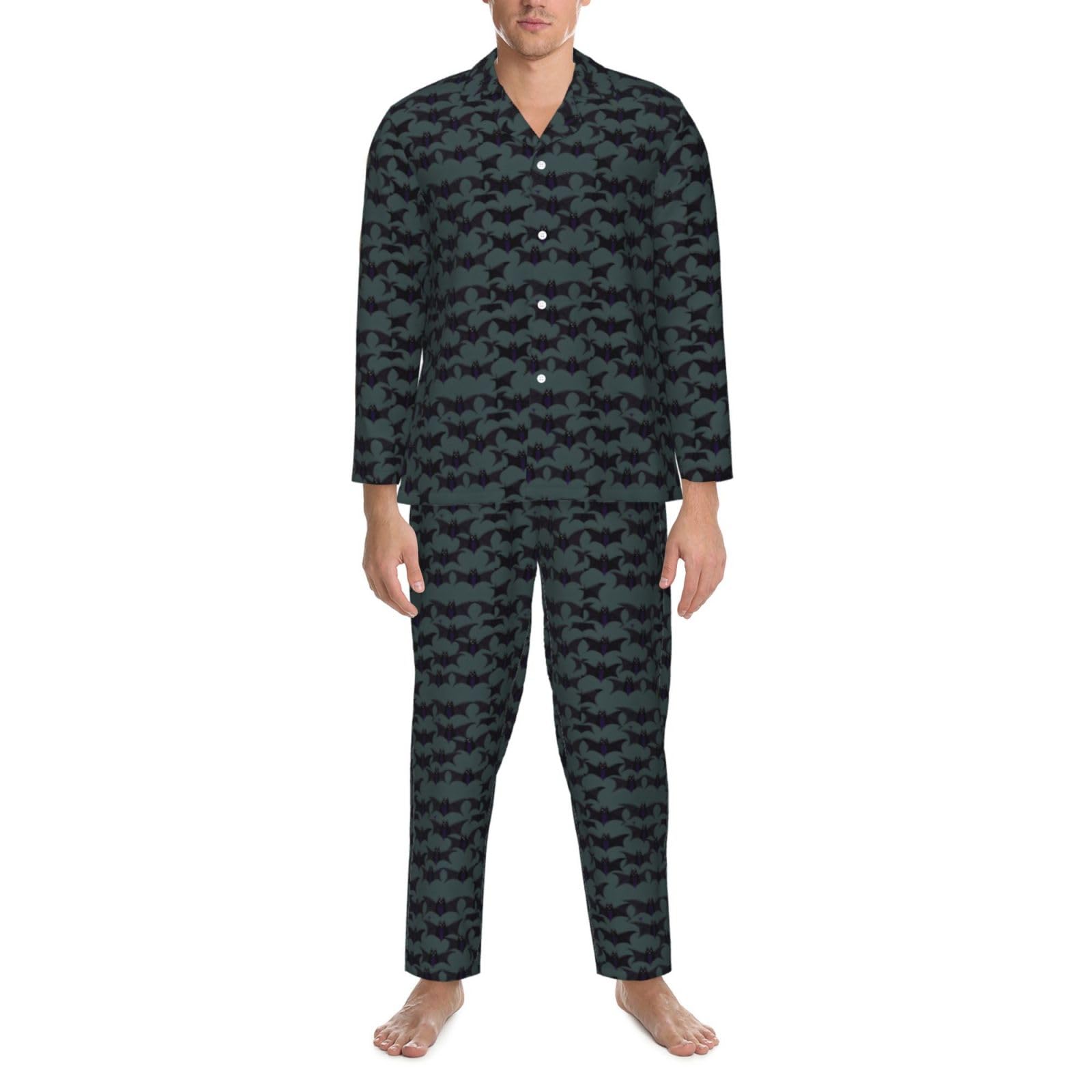 Herren-Pyjama-Set, Fledermausmuster, langärmelig, zweiteilig, Hauskleidung, bequeme Nachtwäsche