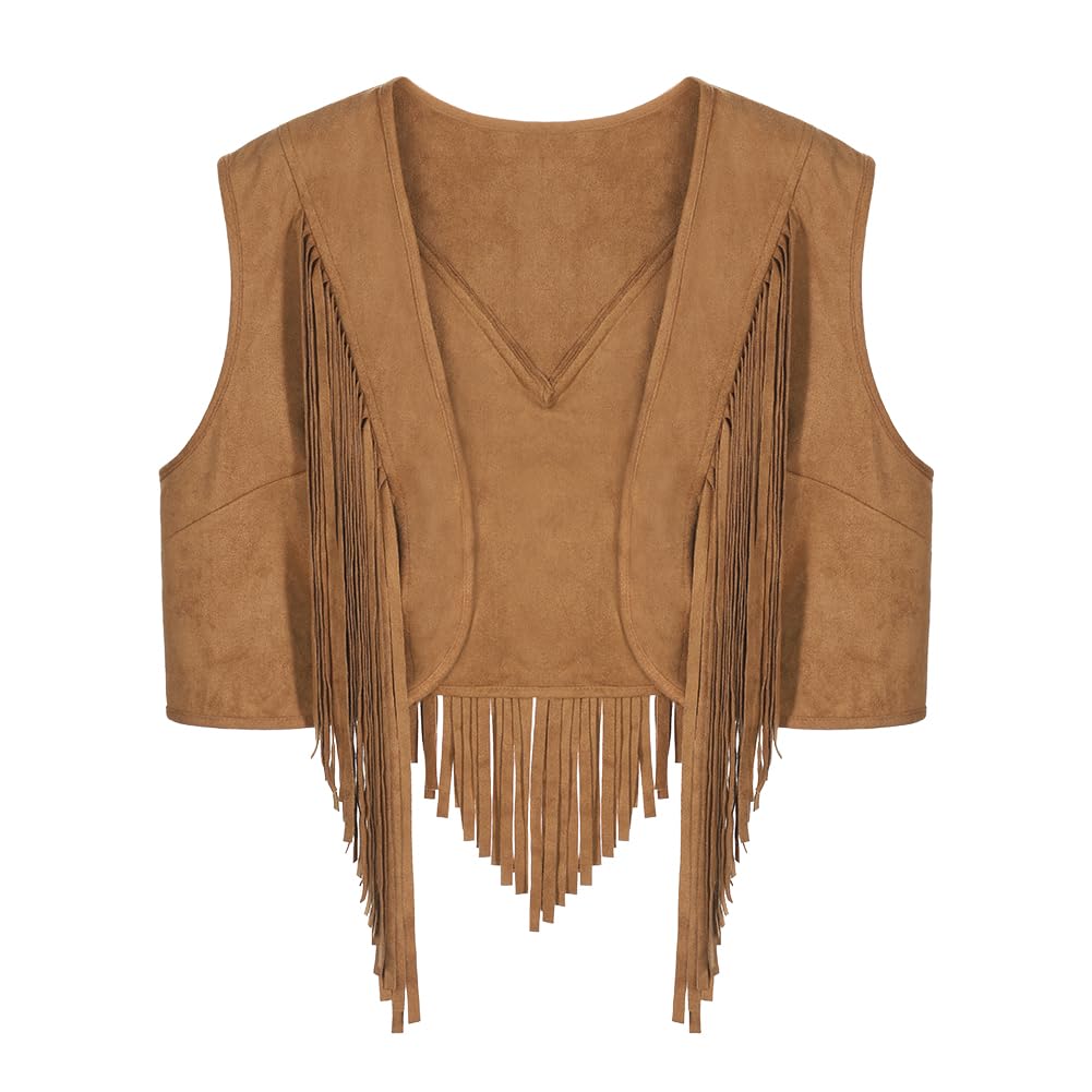 JNGUOSICN Western Cowgirl Costume Set for Women Fringe Vest Cowboy Hat 60s 70s Hippie Costume Clothes Faux Suede Open Front Sleeveless Waistcoat Jacket for Hippie Disco Carnival Halloween Party - Image 3