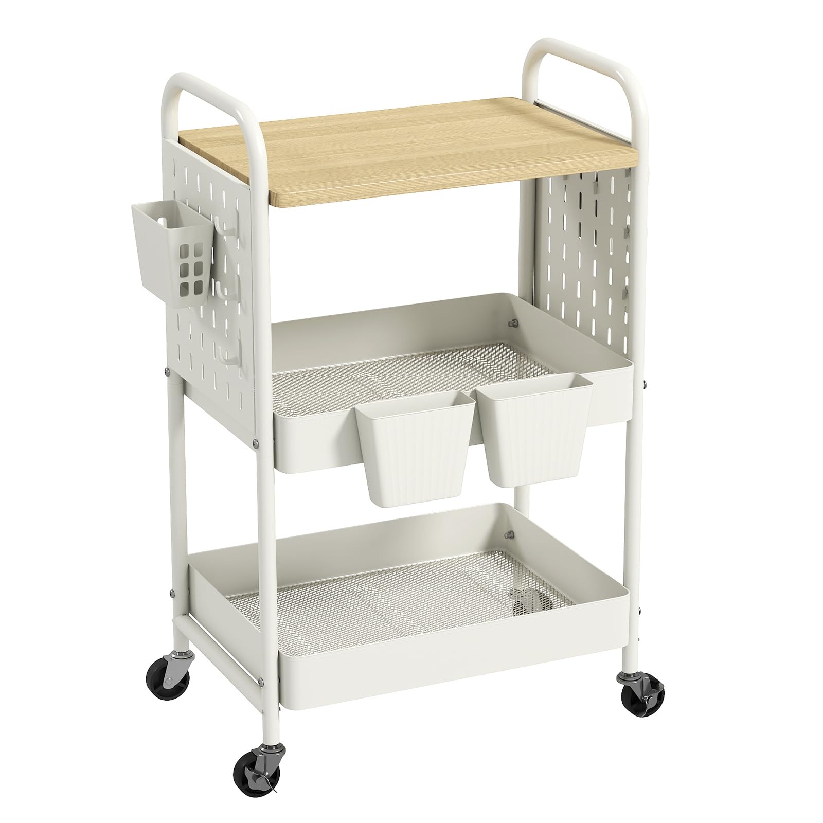 danpinera Carrello a 3 ripiani, in metallo, con piano in legno e pannello forato fai da te, carrello portaoggetti con ganci e tazze da appendere, per cucina, bagno, ufficio
