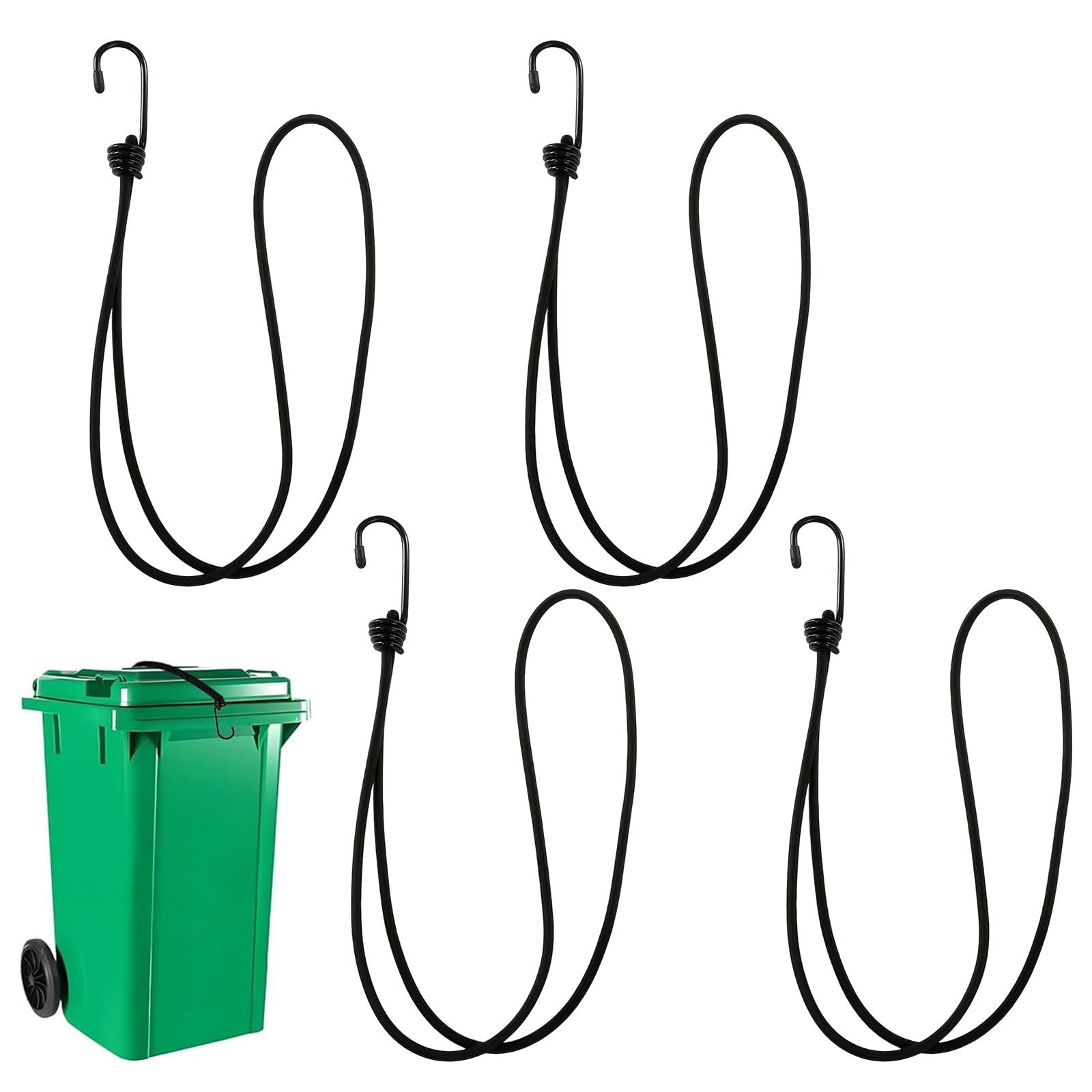 Heuiop Black 4 Pcs Wheelie Bin Locks For Uk Wheelie Bin Lid Strap Lock Heavy Duty Bungee Cords With Hooks Windproof And Animal Protection Prevents Rubbish Spills Storm Damage