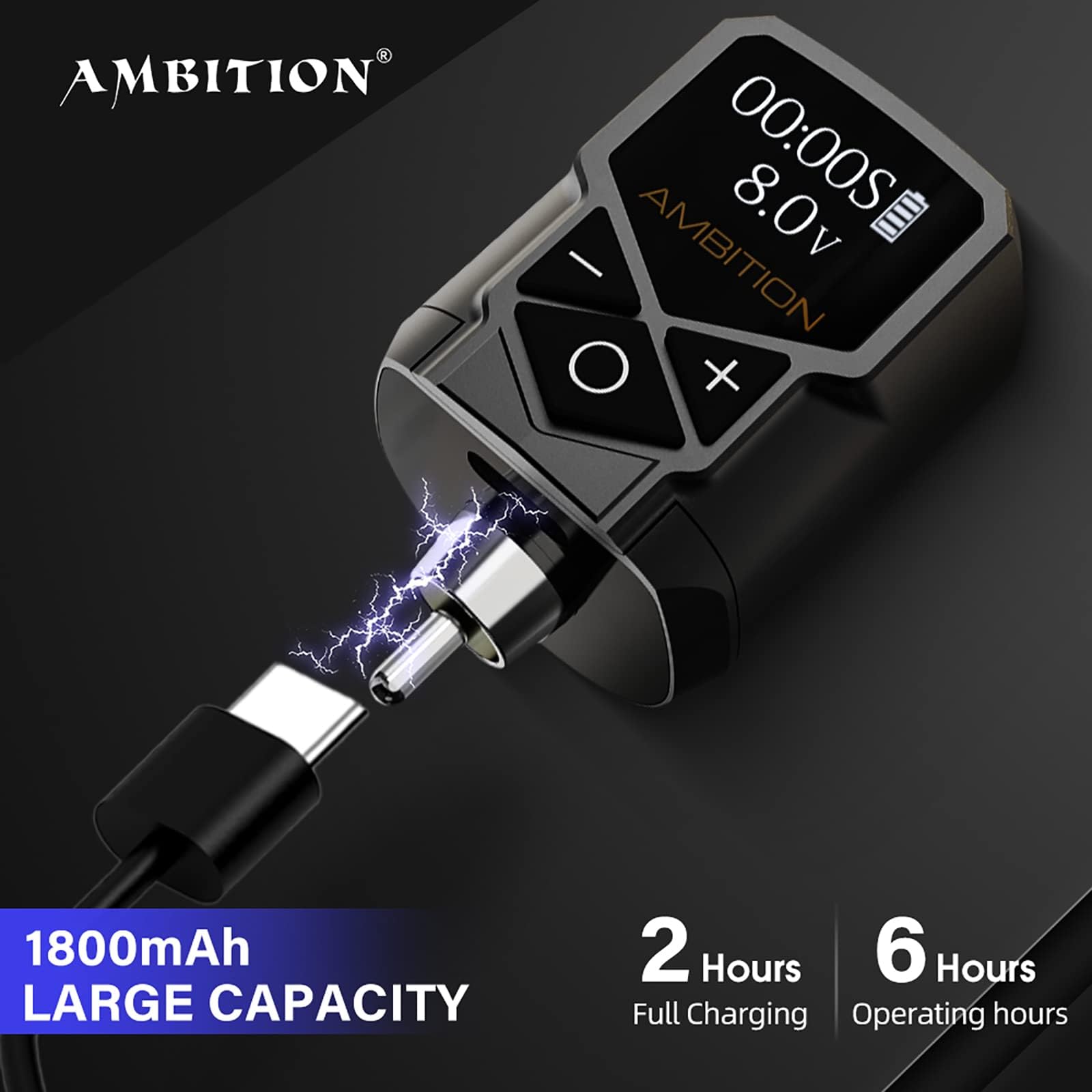 Zasilacz do tatuażu - Ambition Kuark Mini Bezprzewodowy przenośny akumulator litowy RCA Tattoo 1800 mAh z cyfrowym wyświetlaczem LED do rotacyjnej maszynki do tatuażu