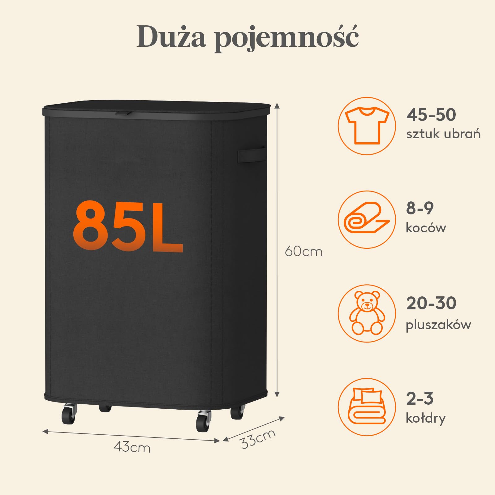 Lifewit Kosz na pranie z pokrywką na kółkach, 85L kosz na pranie z plastikowym ramieniem, składany duży kosz sortujący bieliznę, kosz na bieliznę Laundry Baskets do sypialni, łazienki, czarny