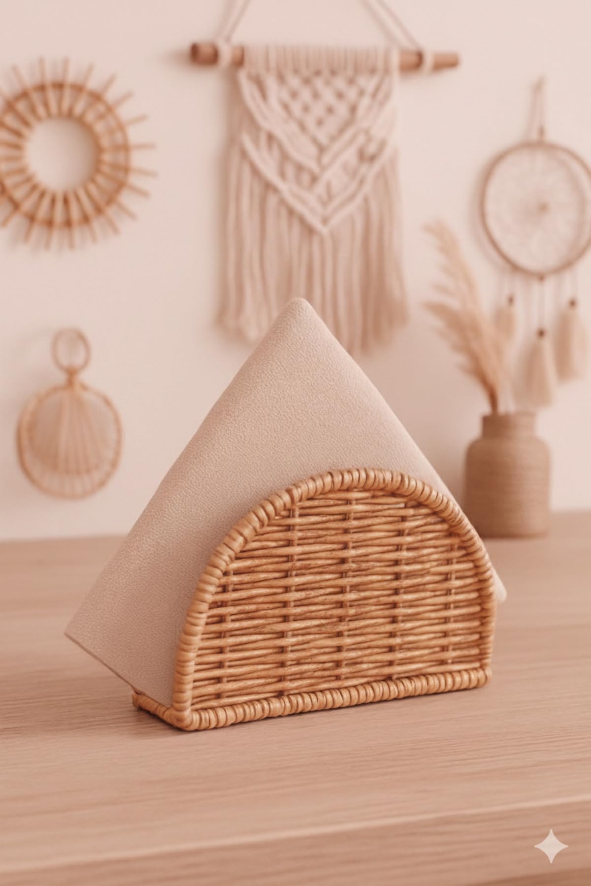 DUFFA Boho El Yapımı Rattan Peçetelik - Masa Üstü ve Mutfak için Doğal Hasır Peçete Tutucu, Bohem Ev Dekoru, Yarım Ay Tasarım Dikey Peçete Standı
