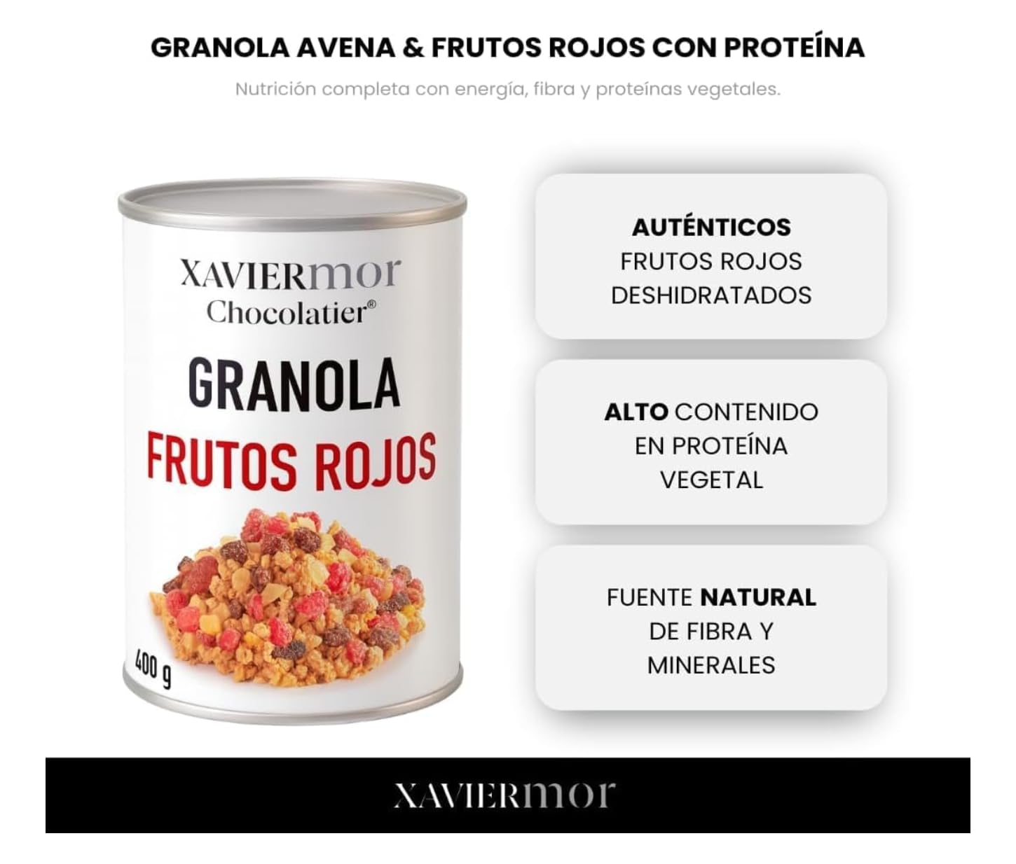 XAVIERMOR – Granola de Avena Crujiente con Frutos Rojos 400g – Desayuno Saludable con Alto Contenido en Proteínas y Fibra – Snack Fitness Nutritivo, Energía Sostenida y Saciedad Duradera
