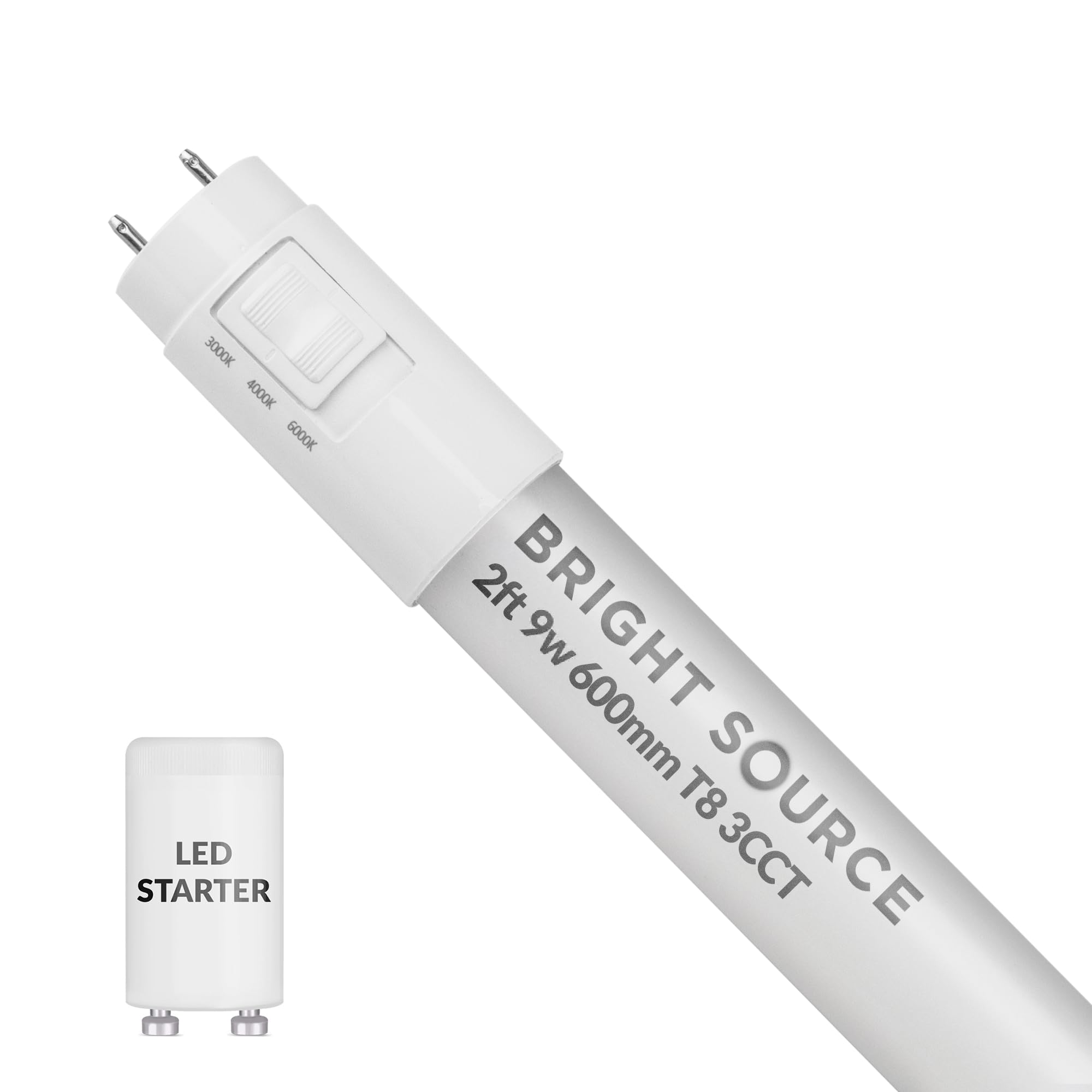 Bright Source Cct Led T8 Tube, 3 Colour Switchable 3000K 4000K 6000K, 2Ft (590Mm), 9W, 1170Lm, 18W T8 Fluorescent Equiv., Starter Included, Use With Direct Mains Or Fitting With Magnetic Ballast