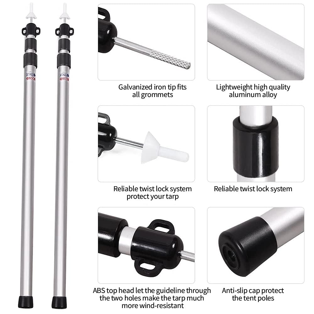 Lot de 2 Poteaux Télescopiques en Aluminium 2,3M, Réglable Support de Bâche Tente Voile Ombrage, Accessoire Camping Jardin Auvent, avec Piquets et Cordes de Vent