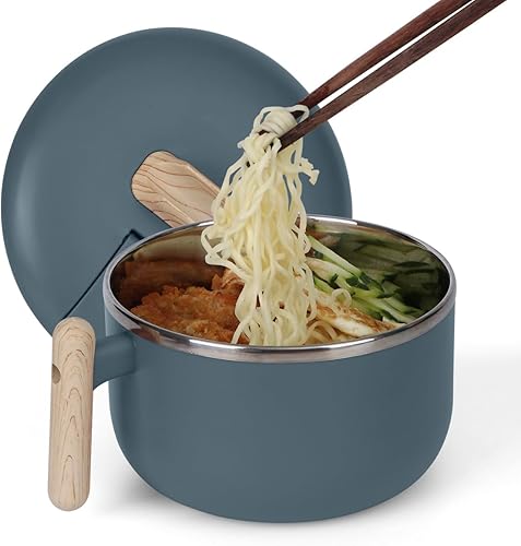 ALXBSONE Tazón de sopa de ramen de 40 onzas con tapa y asas, fideos, pasta, cereales, ensalada, cuencos de acero inoxidable con orificio de drenaje,