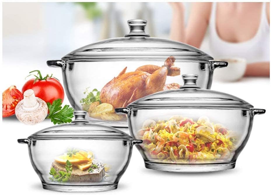 Microwave Oven Safe Serving Bowl with Lid, Tempered Glass, for Rice and Boiling Food, 1000 ml, Set of 3