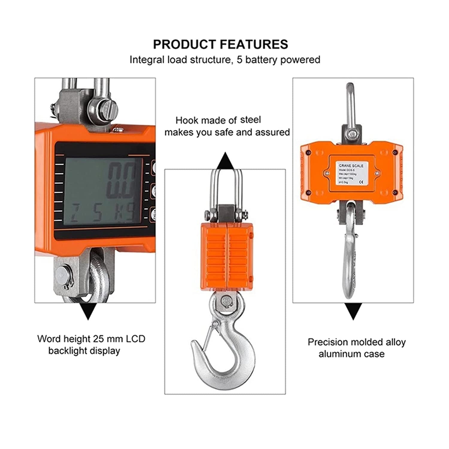 Báscula de grúa digital Báscula colgante digital 1000Kg / 2204Lbs Báscula de grúa portátil de servicio pesado Báscula de gancho industrial con retroiluminación LCD Cambio de unidad