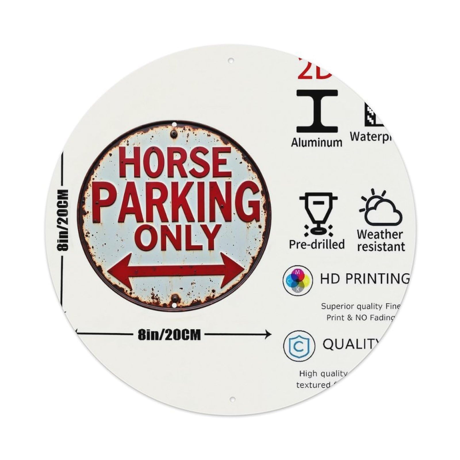 Horse Parking Only Sign Vintage Round Tin Sign Retro Metal Wall Decor Metal Poster, Home Bar Garage Cafe Wall Art Decoration 8x8Inches