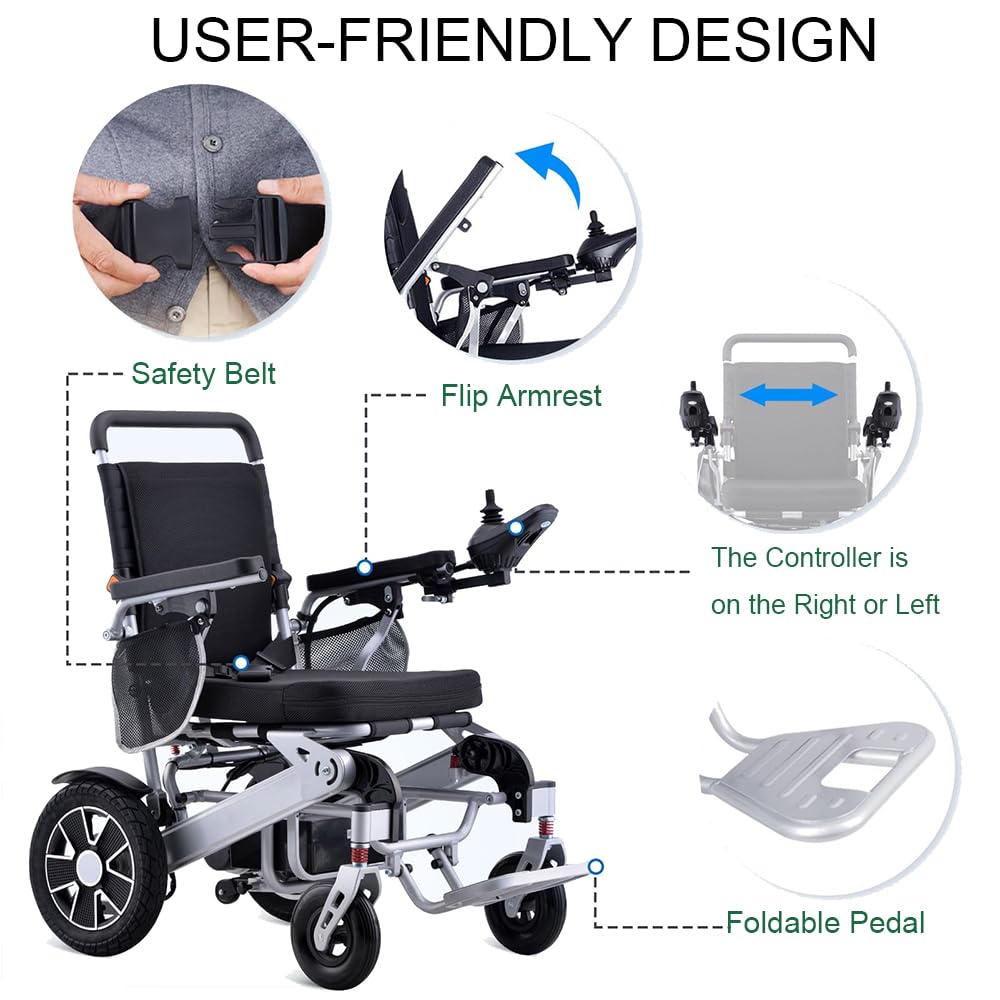 Silla de ruedas eléctrica motorizada para adultos - Todo terreno, motor 500W, ligera plegable - Ayuda de movilidad a distancia, 1 batería litio-ión, solo 28.2kg