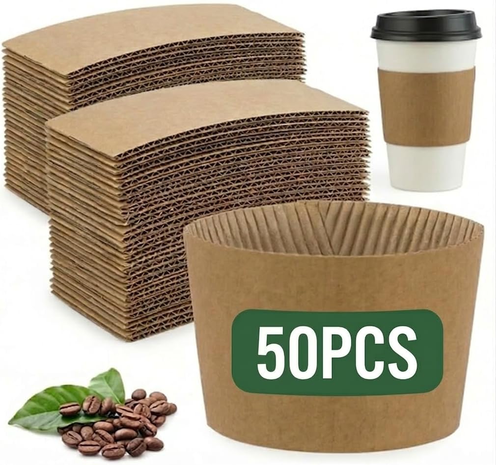 50 Pcs Coffee Cup Sleeves Disposable – Corrugated Kraft Paper Cup Sleeves for 10oz–24oz Cups, Insulated Hot Cup Sleeves for Coffee & Hot Drinks, Recyclable & Durable
