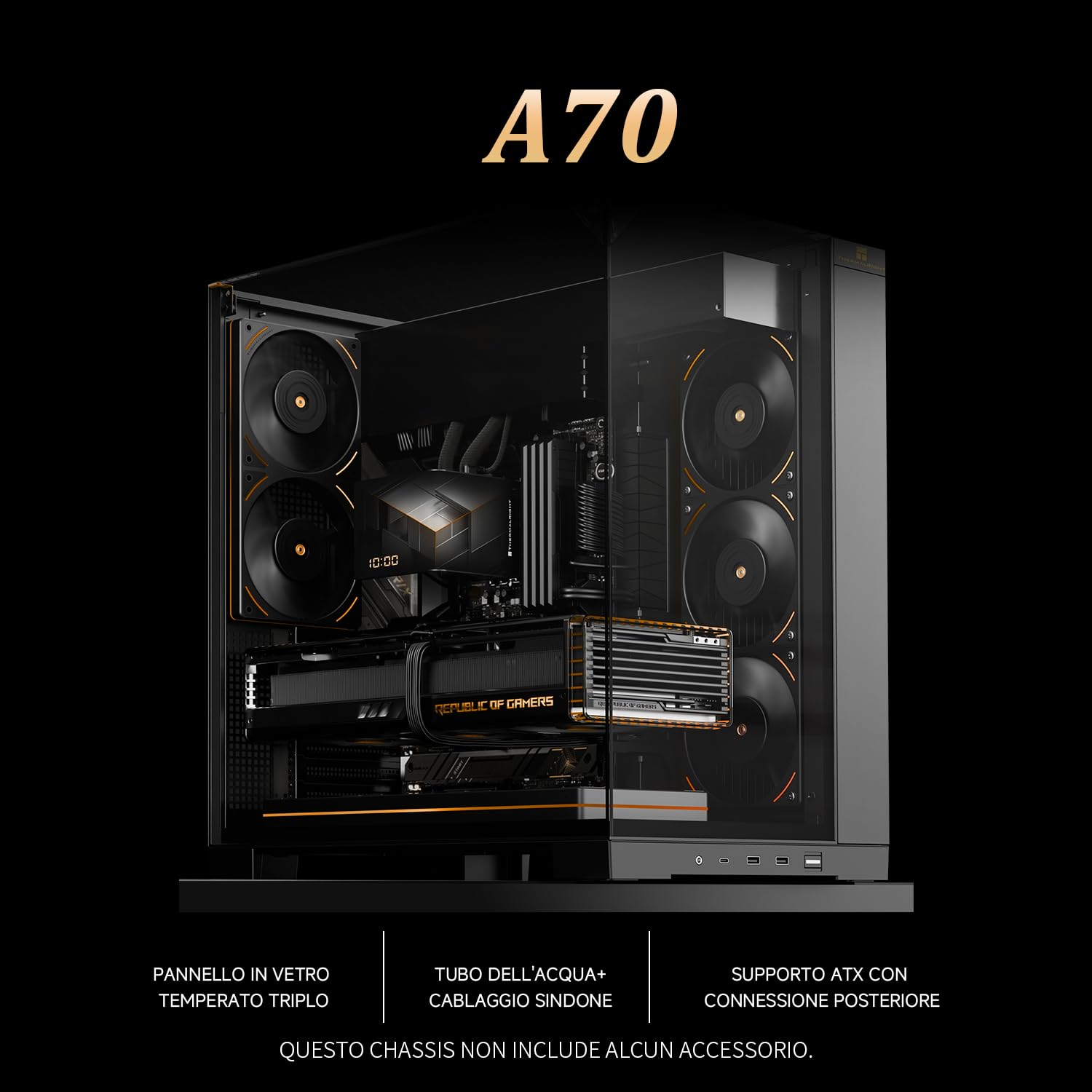 Thermalright TR A70 - Carcasa para Videojuegos ATX (Cristal sin Apoyo, 8 Ranuras para Ventiladores de CPU+Flujo de Aire de Cuatro vías, Cierre rápido sin Herramientas, Montaje Vertical de Tarjeta