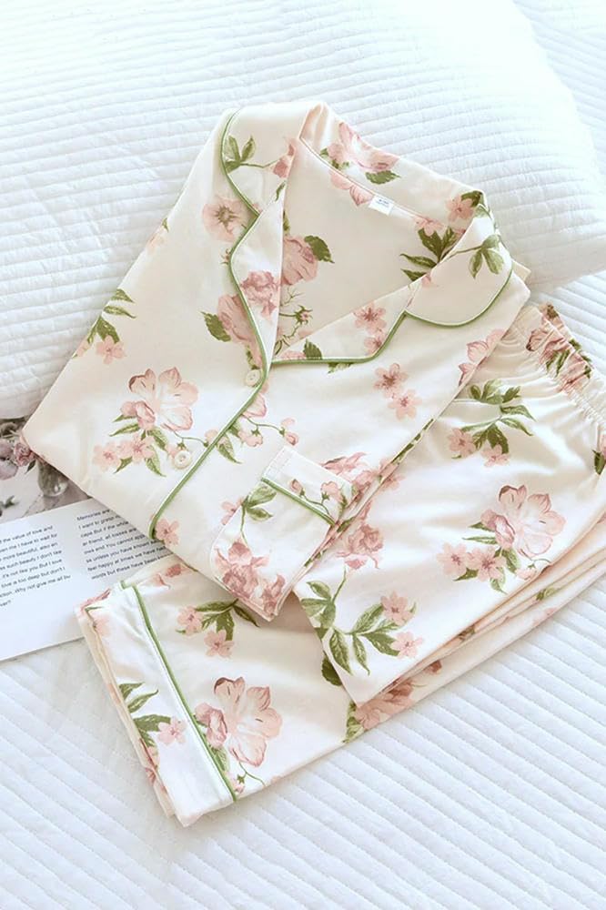 Conjunto de Pijama de Mujer Primavera y otoño, de algodón Tejido, de Manga Larga, de Dos Piezas, Holgado, Estampado, para el hogar