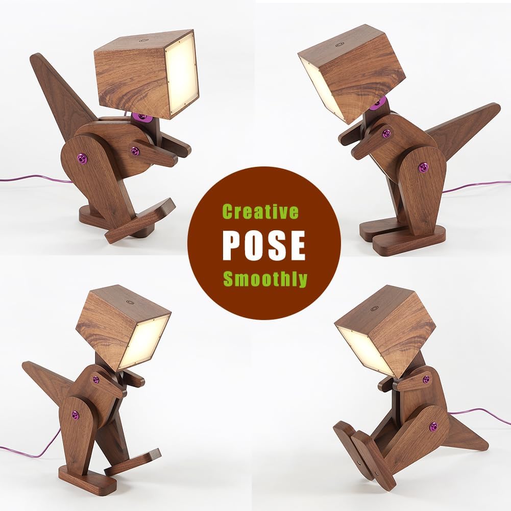 Novelty Unique Wood Dinosaur Table Lamp for Bedroom, Bedside, Kids Room - 3 Levels Dimmable Touch Control Adjustable Robot Design Natural Finish Desk Light for Living Office Farmhouse (Black)