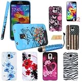 KooJoee(TM) Combo Protective Cases - Bundle of 7 Pieces Soft Rubber TPU Gel Cases Covers For Samsung Galaxy S5 SV + One KooJoee Stylus + Two Screen Protectors + Two Microfiber Cloth , Blue Butterfly/ Black White Zebra/Pink Butterfly/Red Flower/Blue Flower/Pink Love Heart/ US Flag Pattern