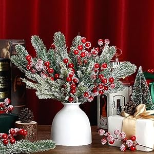 Lyrow 80 pieces christmas snowy pine tree picks artificial berry stems sprays faux cedar pine needles branches for holiday arrangement wreath diy garland holiday decor winter greenery red  urban country home decor