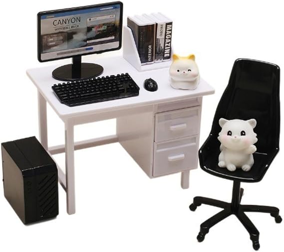 Miniature Computer Desk Set, 9-Piece Office Table Set, Mini Keyboard Mouse Bookshelf Books Chair Desk, Mini Furniture Playroom Office Accessories