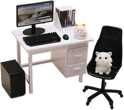 Miniature Computer Desk Set, 9-Piece Office Table Set, Mini Keyboard Mouse Bookshelf Books Chair Desk, Mini Furniture Playroom Office Accessories