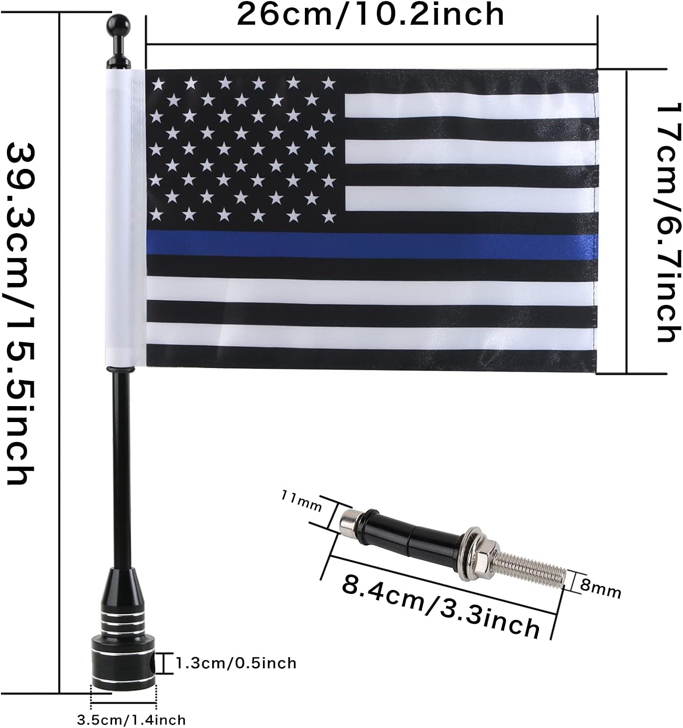 2 Pack MASION 6'' x 10'' Motorcycle Flags, Blue Line USA Flags & Black Flagpole Mount for Harley Yamaha Honda Goldwing CB VTX CBR fit 1/2'' Luggage Rack