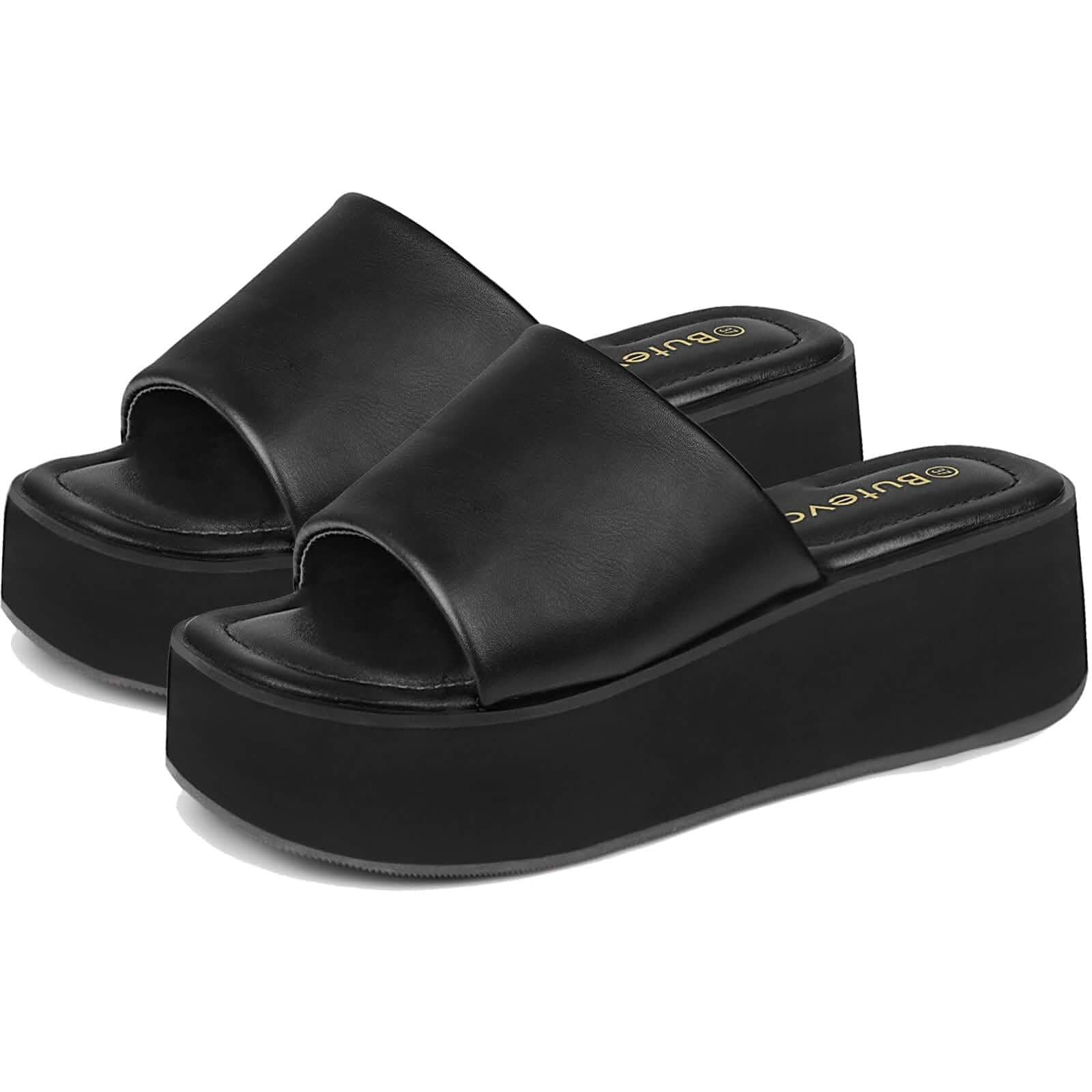 Butevar Chunky Platform Sandals for Women - Comfort Black Open Toe Slip on Platform Slides Y2K Wedge Sandals for Summer Ca...