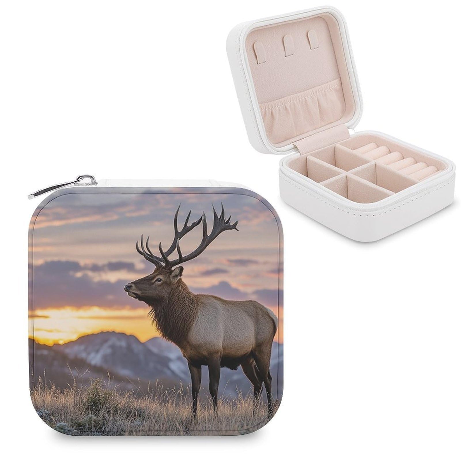 FekiLoot Red Deer Bull Elk Sunset Jewelry Case Personalized Leather Jewelry Box Mini Travel Jewelry Case Small Portable Jewelry Organizer for Ring Earrings Necklace Bracelet