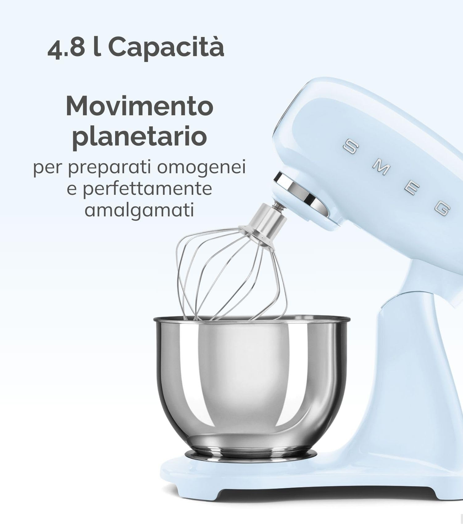 Smeg, Impastatrice Planetaria Full Color SMF05CREU, 10 Livelli di Velocità, Funzione Smooth Start e Steady Mix, Ciotola da 4,8 L, Blocco Motore, 3 Fruste e Gancio Impastatore, 800 W, Panna