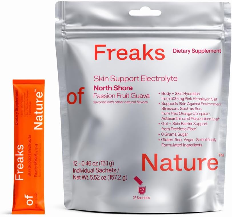 Freaks of Nature Skin Support Electrolyte | Whole-Body Hydration | Zero Sugar| Internal Protection Against UV Damage | Supports Gut microbiome| (12-Count, Passion Fruit Guava)