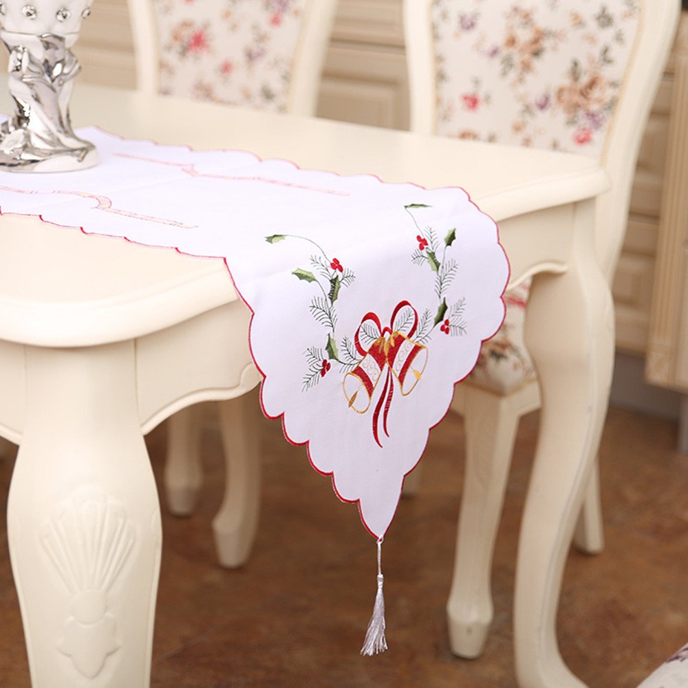 Runner Natalizio In Lino Ricamato Con Frange 180x35 Cm | Motivo Alce | Tovaglia Da Tavolo Decorativa