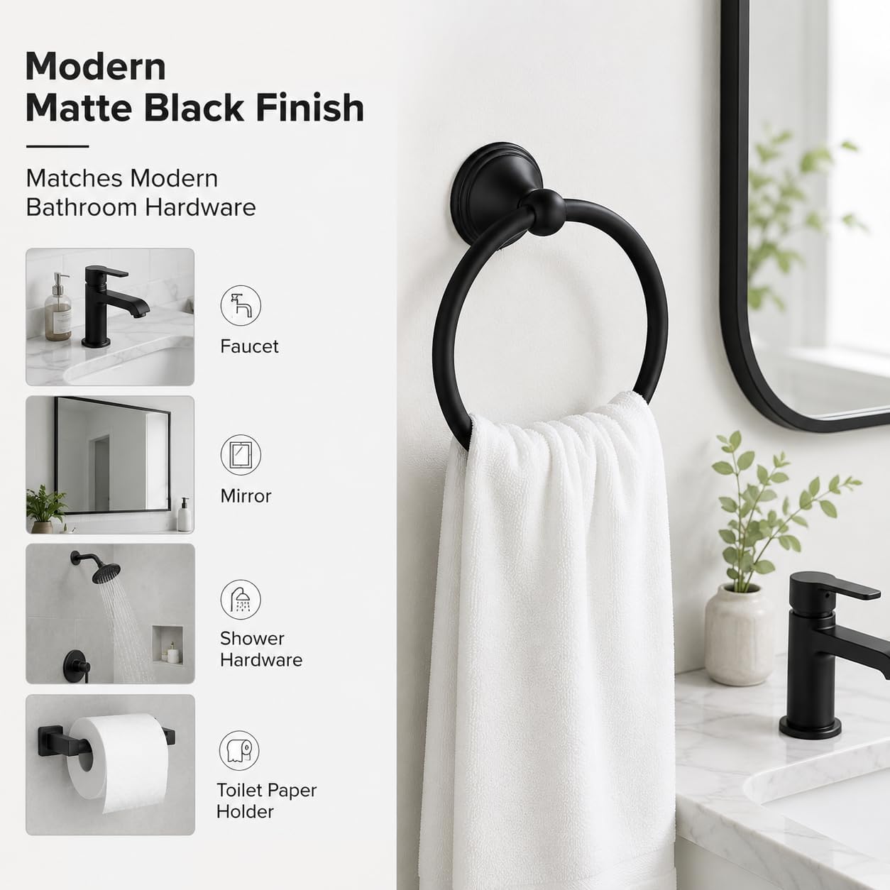 Towel Ring for Bathroom, Matte Black Hand Towel Holder 2 Pack, Bathroom Accessories and Towel Racks for Bathroom Wall Mount image 5