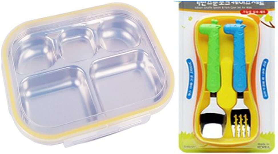 Edison Kids Spoon Fork Set(Giraffe 4) + Stainless Steel Tray Diet Plate Diet Food Control Tray Bento Kids Lunch Box(Yellow)