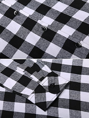Ochenta Women's Roll Up Sleeve Button Down Plaid Flannel Shirt Fitted Casual Tops D055 Black White S #TOP6