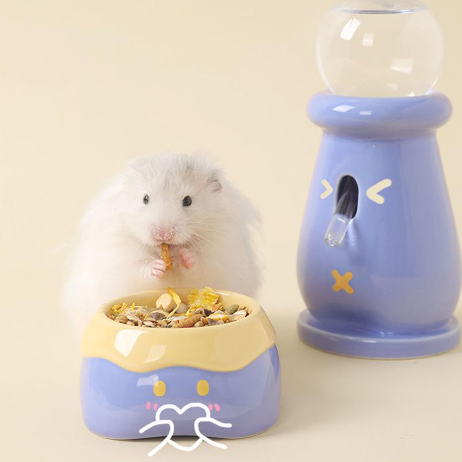 Mangiatoia ergonomica per piccoli animali in ceramica e ciotola per acqua, sistema di alimentazione per criceti, gabbia per criceti, ciotola decorativa per cibo e set di dispenser d'acqua