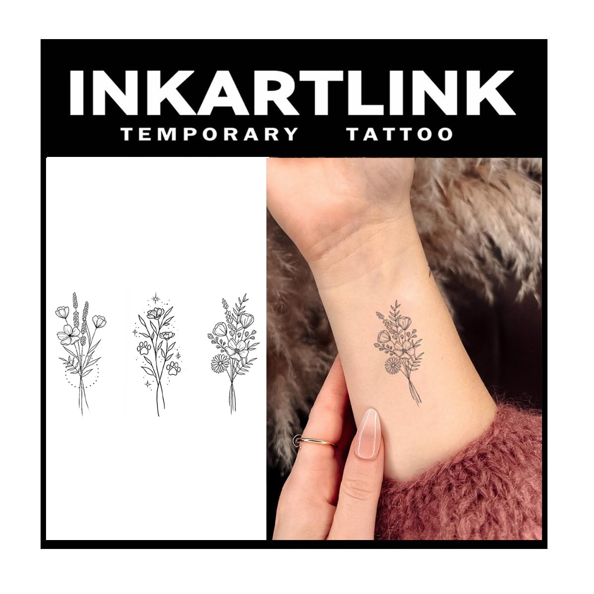 Tattoo Tech, 2 hojas de tatuaje semipermanente mediano, tatuajes temporales, duran 1-2 semanas, impermeable, aspecto realista, sin adhesivo, sin reflejo (tres racimos de flores)