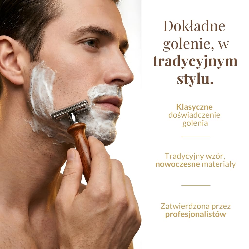 Maszynka do golenia z podwójnym ostrzem The Cambridge Cutthroat®, profesjonalna, tradycyjna, z drewna Missanda, premium, do golenia, modelowania wąsów i brody, w zestawie etui podróżne