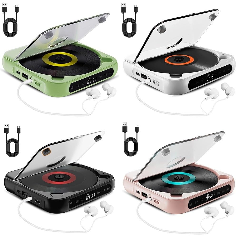 per lettore CD portatile compatto con audio -Fi, batteria ricaricabile integrata, connettività wireless e cablata, casa da viaggio leggera, nero